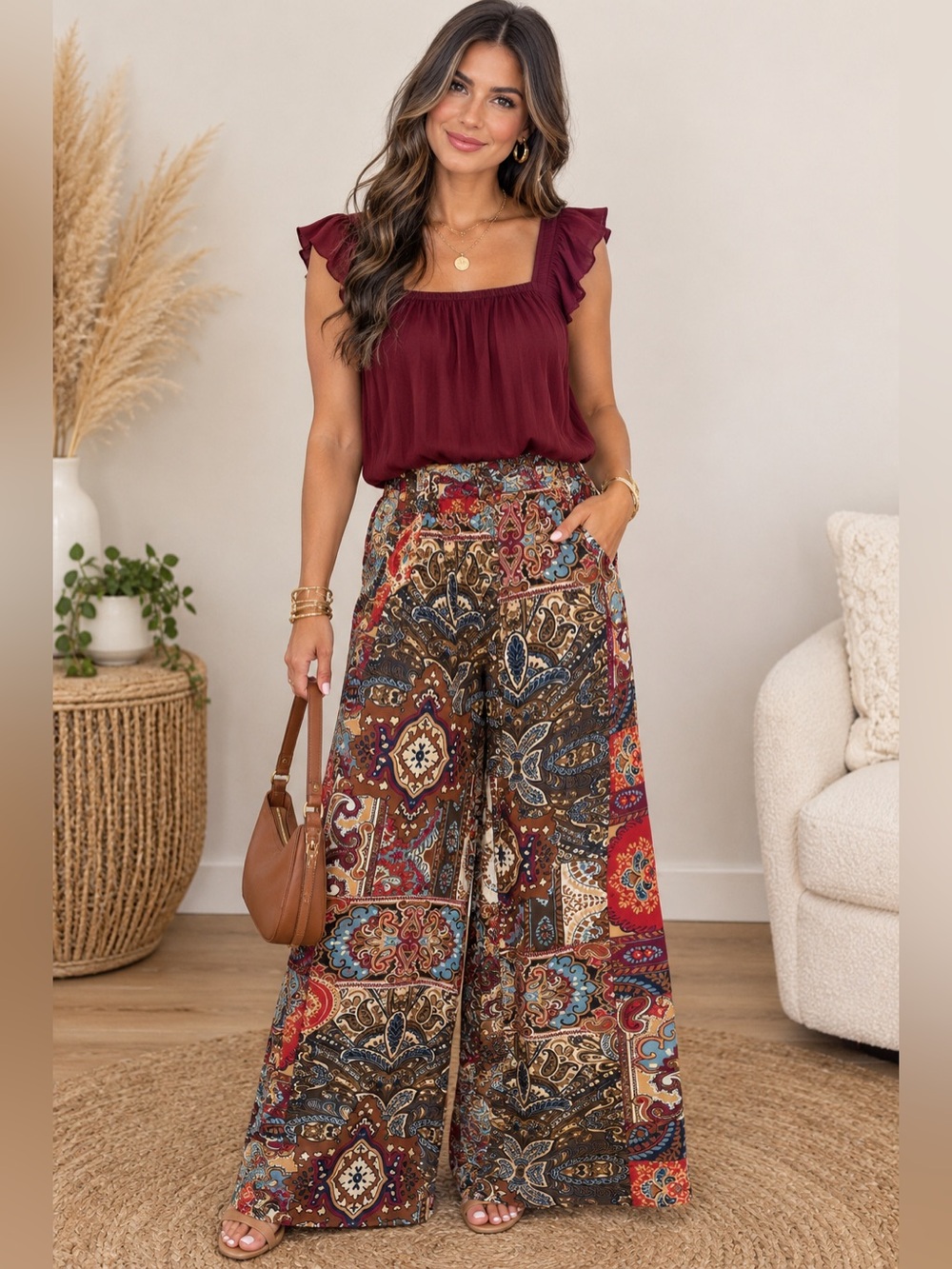 Cato Wide Leg Paisley Print Palazzo Pants in Multicolor